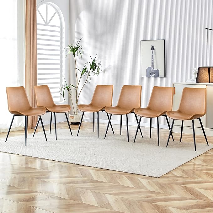 Dining Chairs, Modern PU Leather Dining Room Chair with Sturdy Metal Legs, Upholstered Seat Dinner Chairs Accent Side Chairs for Indoor Kitchen Living Room Restaurant (Brown, Set of 6)