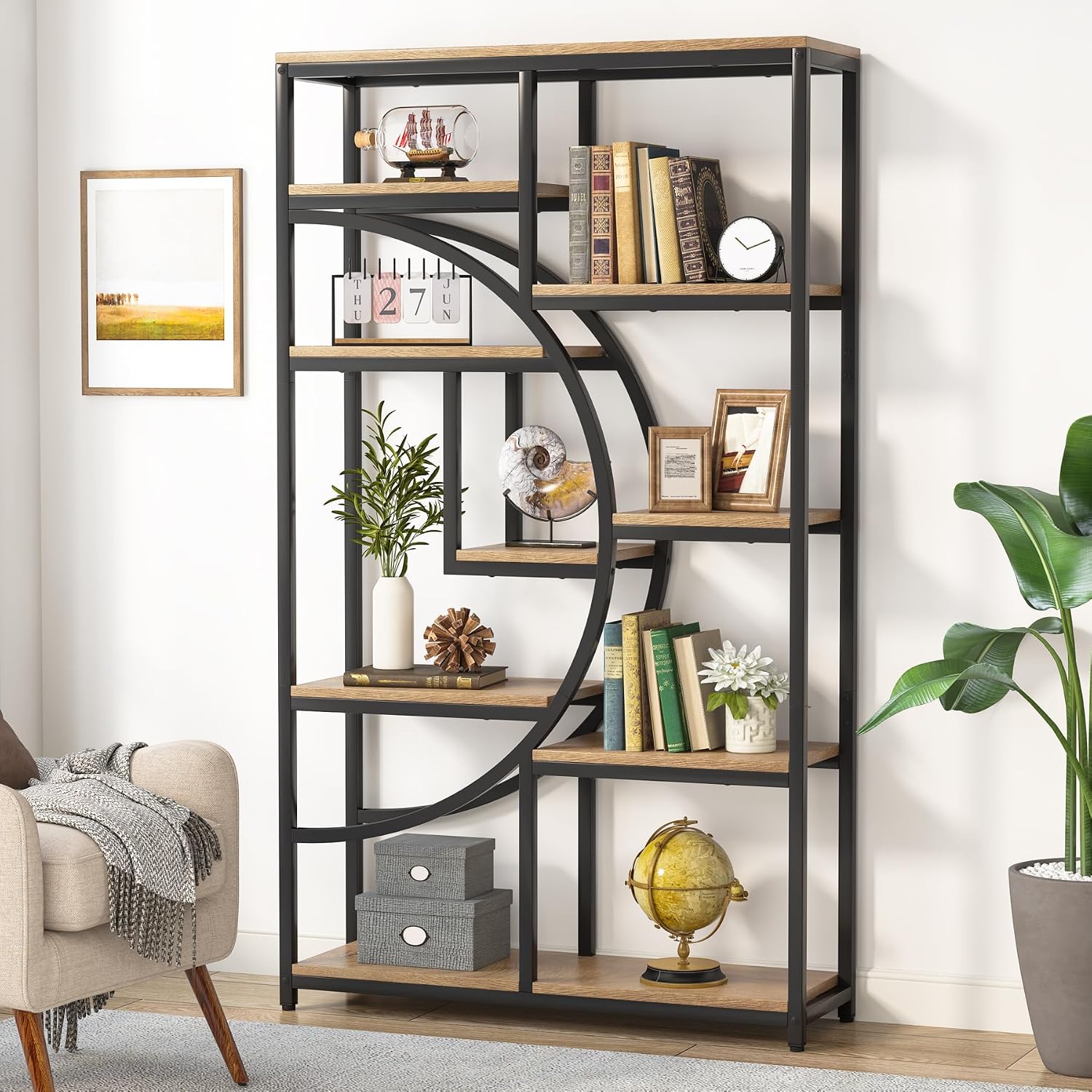 Tribesigns Industrial Bookshelf Bookcase with 9 Open Shelf (Light Oak) | 5-Tier Freestanding Tall Bookshelves, Etagere Display Shelf Storage Organizer, Perfect for Living Room, Bedroom