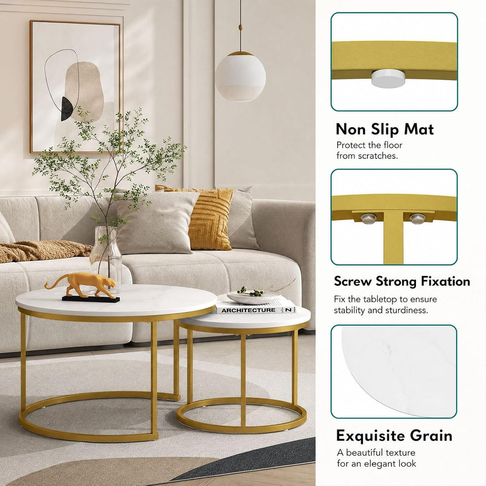 White Round Nesting Coffee Table Set of 2, Marble Pattern Top with Gold Metal...