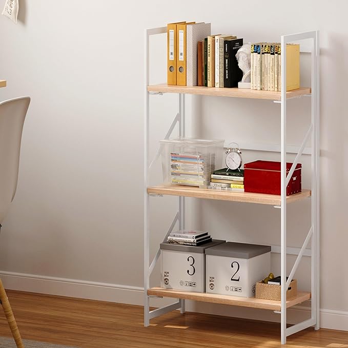 JSB No Assembly Folding Bookshelf, 3 Tier Industrial Metal Book Shelf for Sto...