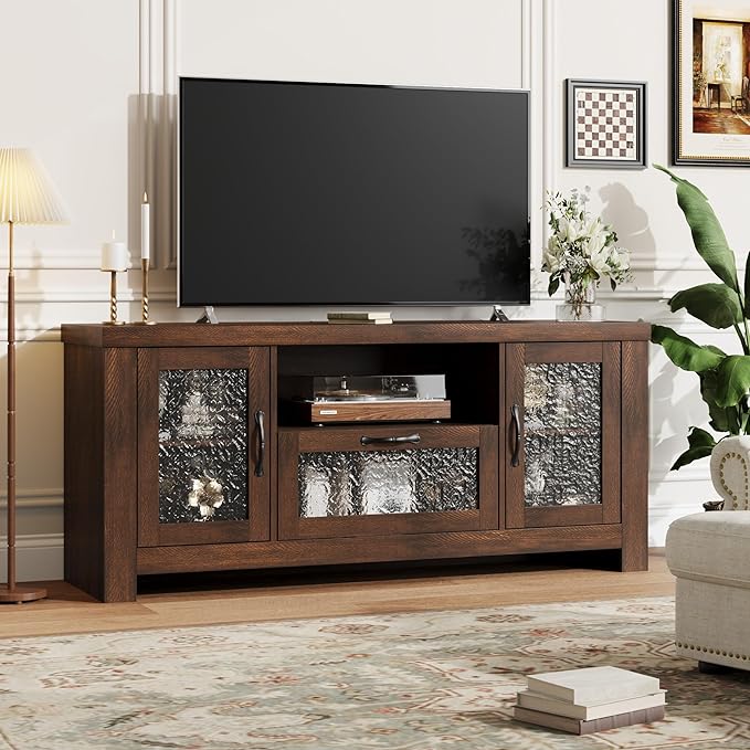 Garvee Farmhouse TV Stand for 55 Inch TV, Entertainment Center with Acrylic Door & Adjustable Shelves, Sideboard Buffet Storage Cabinet for Living Room Bedroom, Rustic Brown