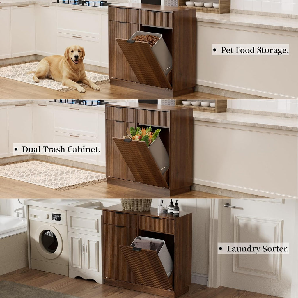 Double Tilt-Out Trash Cabinet, Laundry Hamper Cabinet with 2 Drawers, 39.4W x 34.3H x 13.8D inches, Walnut, Wave-Textured Front.