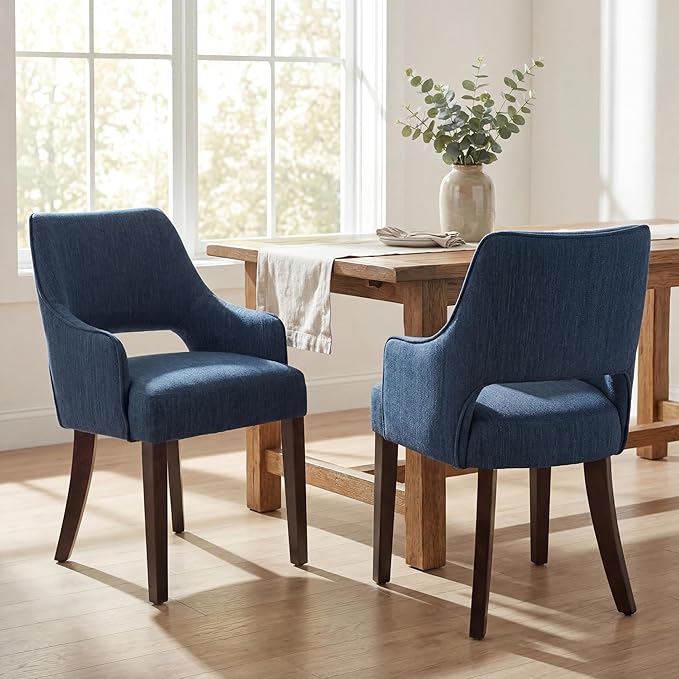 Linen Dining Chairs Set of 4 Upholstered Farmhouse Kitchen Chair Accent Chairs Side Chair with Wood Legs for Living Room/Dining Room/Bedroom/Restaurant, Blue