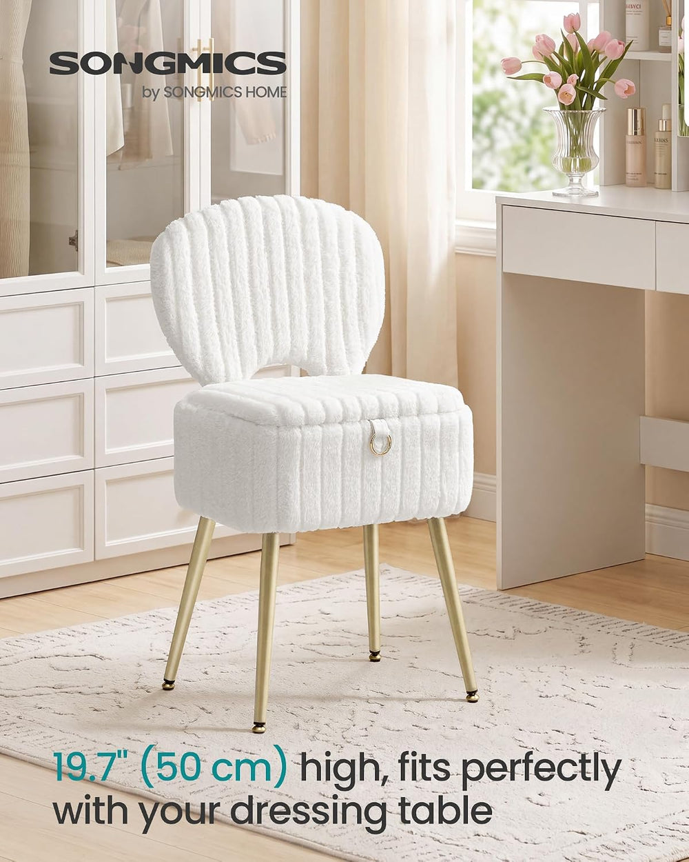 SONGMICS Vanity Chair, Makeup Stool with Folding Backrest | Plush Padded Dres...
