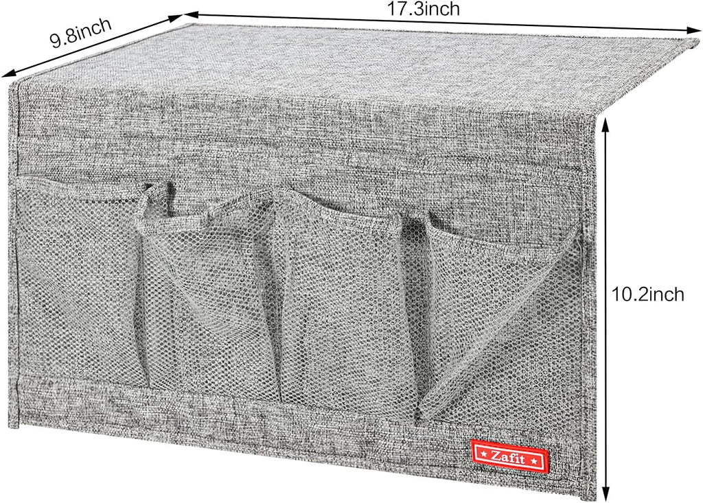Linen 6 Pockets Bedside Caddy, Bedside Storage Organizer for Magazine, Remotes, Phone (Grey)