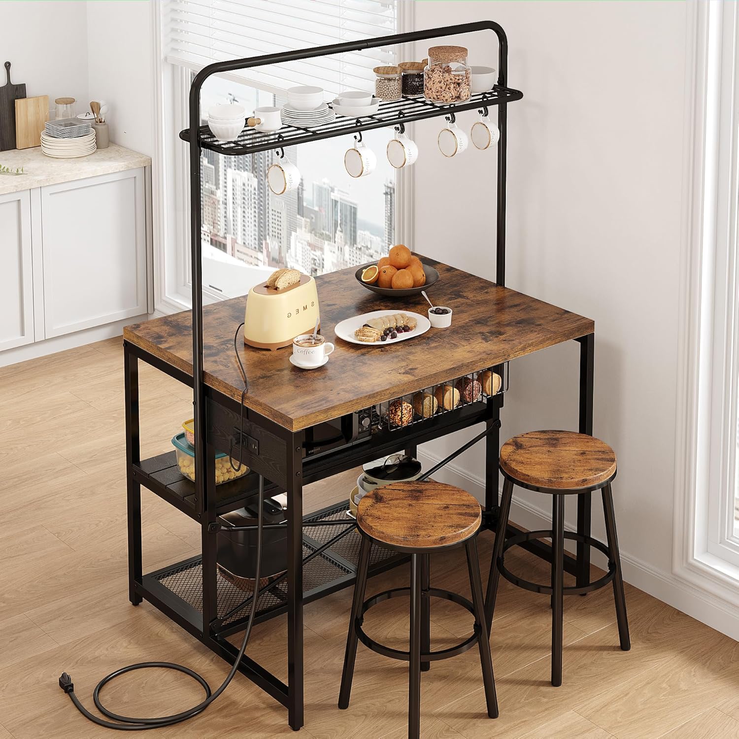 Jocoevol Kitchen Island with Storage, Bakers Rack with Storage & 3-Tier Shelves, Microwave Stand Coffee Bar Table with Hooks, Industrial Kitchen Island Table for Dining Living Room,Vintage