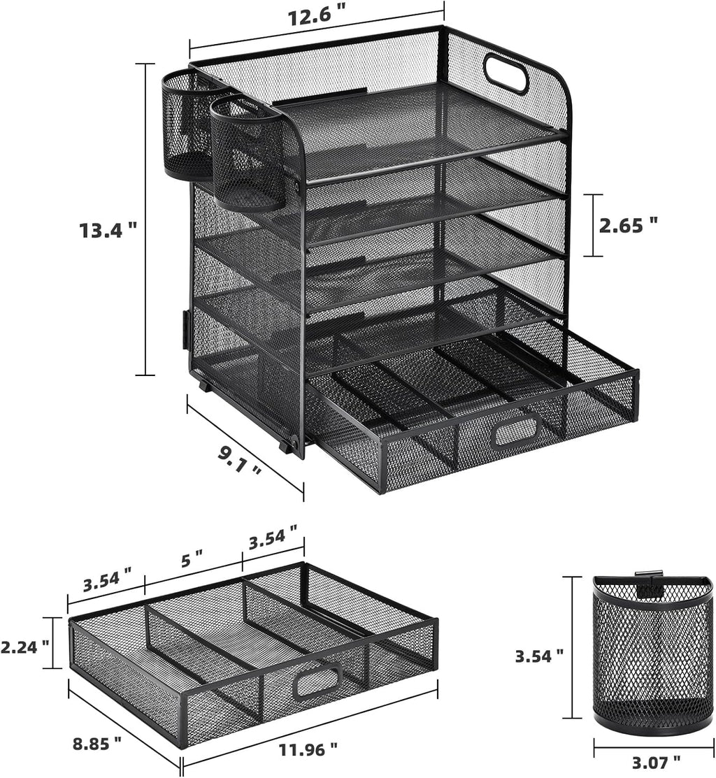 Lavatino 5 Tier Paper Organizer for Desk, Letter Tray with Drawer and 2 Pen Holders, Mesh File Sorter, Desktop Document Shelf Storage Organization Office School Home Black With Drawer
