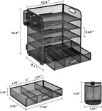 Lavatino 5 Tier Paper Organizer for Desk, Letter Tray with Drawer and 2 Pen Holders, Mesh File Sorter, Desktop Document Shelf Storage Organization Office School Home Black With Drawer