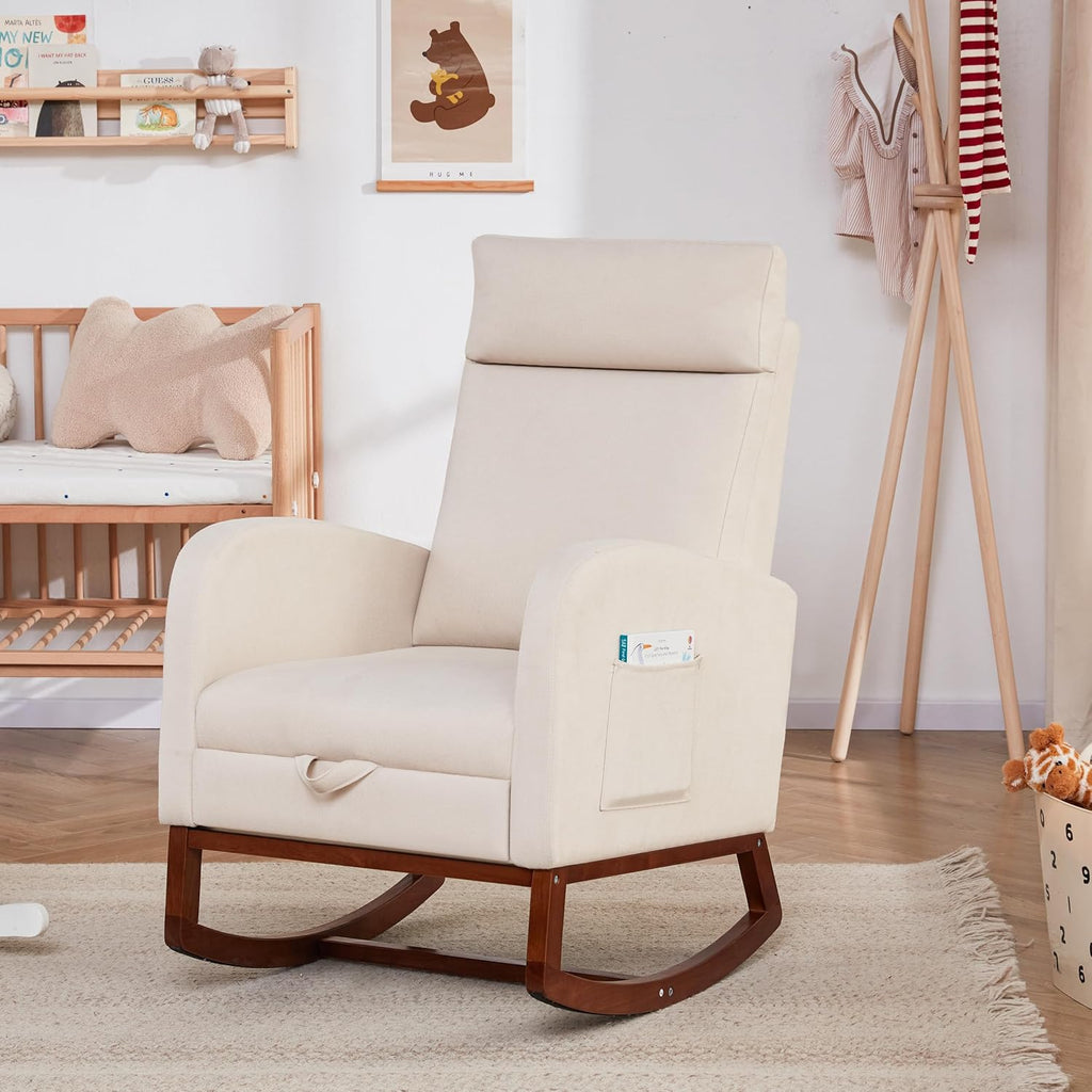 Rocking Chair Nursery High Back Rest Glider Rocker with Footrest Nursing Rocking Chairs Upholstered Accent Arm Chair for Living Room Bedroom Indoor, Beige