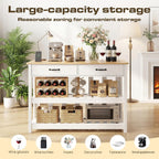 Grepatio Kitchen Island with Power Outlets, 47 Inches Width Kitchen Shelf with Large Worktop, Wooden Island Counter with Shelves, 2 Drawers, and 4 Hooks for Living Room, White and Natural