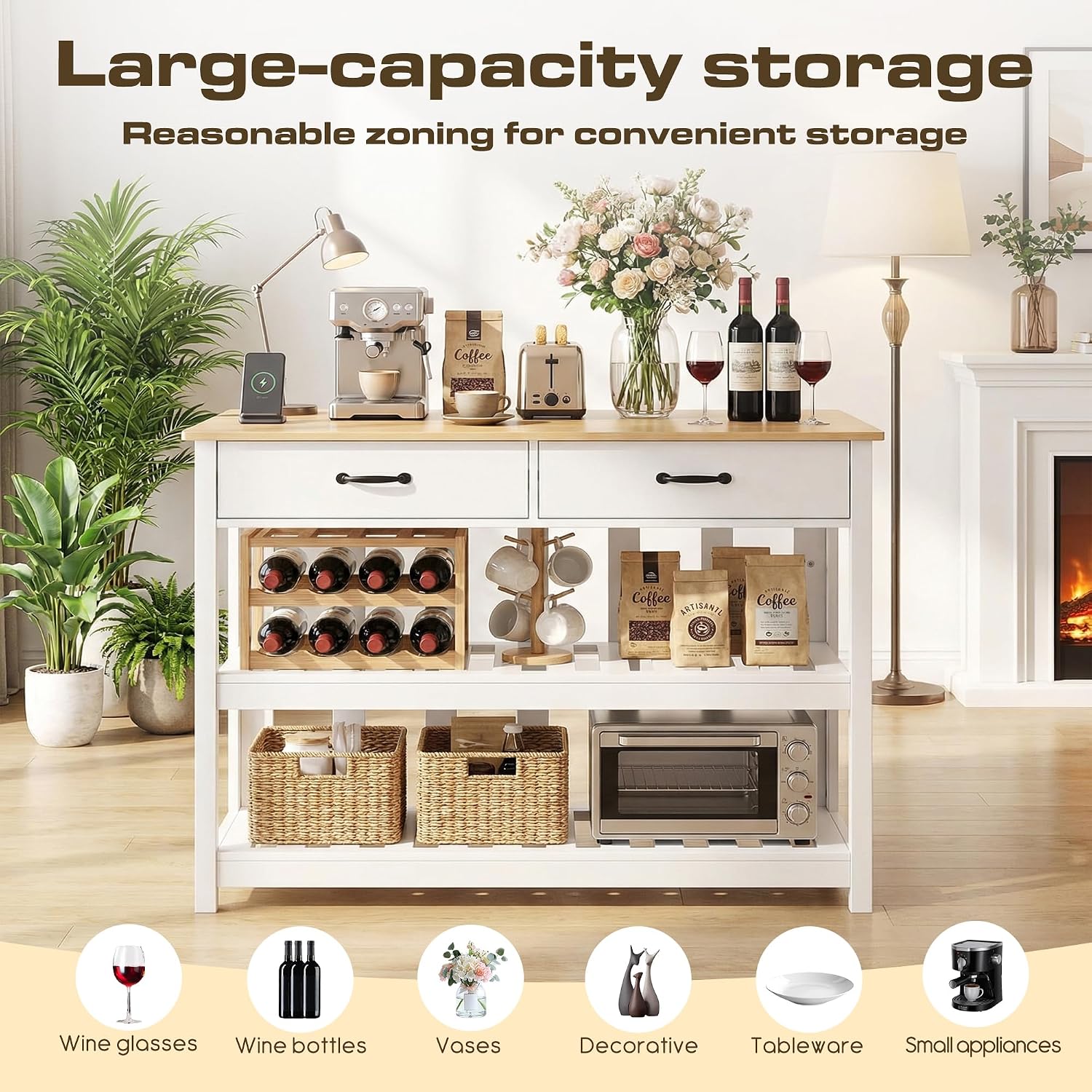 Grepatio Kitchen Island with Power Outlets, 47 Inches Width Kitchen Shelf with Large Worktop, Wooden Island Counter with Shelves, 2 Drawers, and 4 Hooks for Living Room, White and Natural