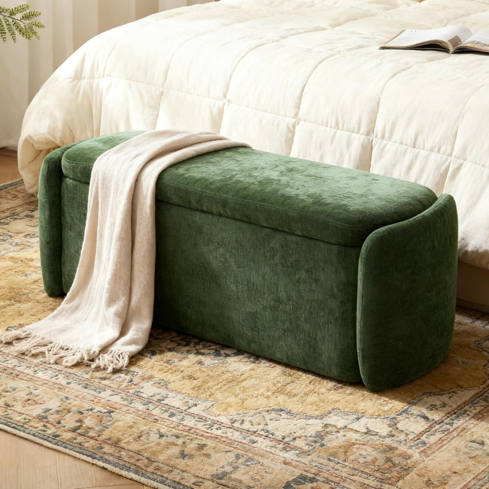 VKNOW Storage Bench, Upholstered Storage Ottoman Bench with Hinge, Green | Ot...