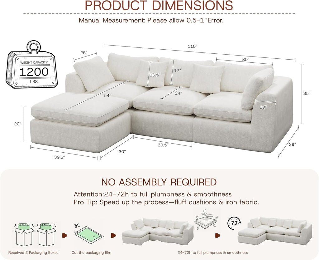 GRUSIGN 110'' Oversized Boneless Cloud Couch for Living Room, Modern Big Sectional Compressed L Shape Couch with Ottoman, Comfy Chenille Deep Seat Memory Foam Spineless 4 Seater Sofa, Beige