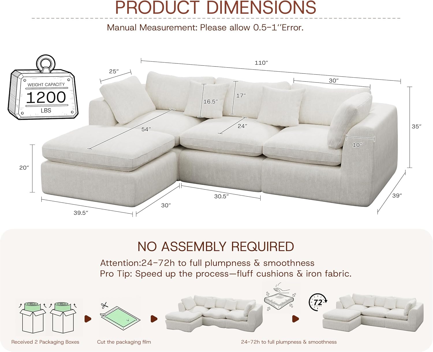 GRUSIGN 110'' Oversized Boneless Cloud Couch for Living Room, Modern Big Sectional Compressed L Shape Couch with Ottoman, Comfy Chenille Deep Seat Memory Foam Spineless 4 Seater Sofa, Beige