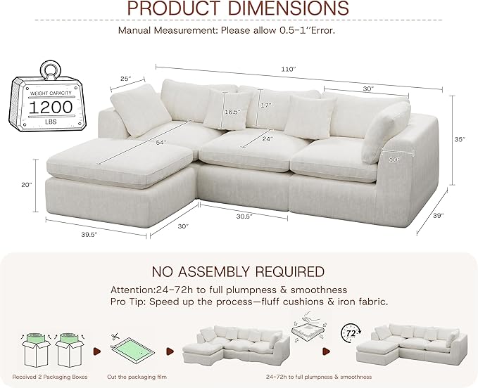 110'' Oversized Cloud Sectional Boneless Couch for Living Room, Modern Big Compressed L Shape Couch with Ottoman & 2 Throw Pillows, Comfy Chenille Deep Seat Memory Foam Spineless 4 Seater Sofa,Beige | Washable Covers, Premium Chenille, Versatile Style,...