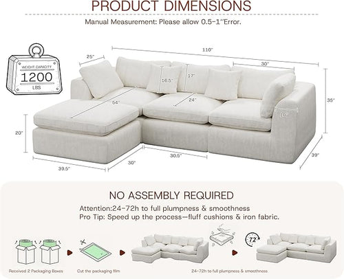 110'' Oversized Cloud Sectional Boneless Couch for Living Room, Modern Big Compressed L Shape Couch with Ottoman & 2 Throw Pillows, Comfy Chenille Deep Seat Memory Foam Spineless 4 Seater Sofa,Beige | Washable Covers, Premium Chenille, Versatile Style,...