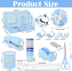 11 in 1 Blue Desk Organizer and Accessories, Blue Desk Accessories Light Blue Office Supplies Include Blue Stapler Blue Tape Dispenser Pen Holder Staple Remover Clips Ruler Scissors Tapes Tabs