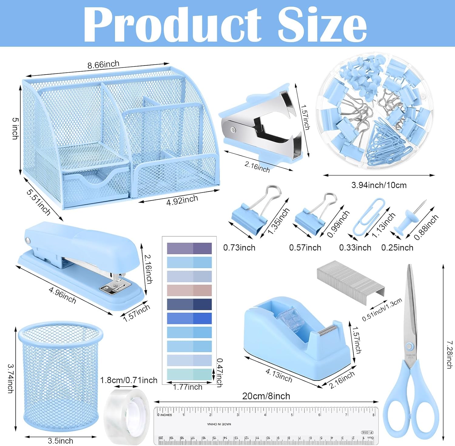 11 in 1 Blue Desk Organizer and Accessories, Blue Desk Accessories Light Blue Office Supplies Include Blue Stapler Blue Tape Dispenser Pen Holder Staple Remover Clips Ruler Scissors Tapes Tabs
