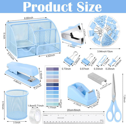 11 in 1 Blue Desk Organizer and Accessories, Blue Desk Accessories Light Blue Office Supplies Include Blue Stapler Blue Tape Dispenser Pen Holder Staple Remover Clips Ruler Scissors Tapes Tabs
