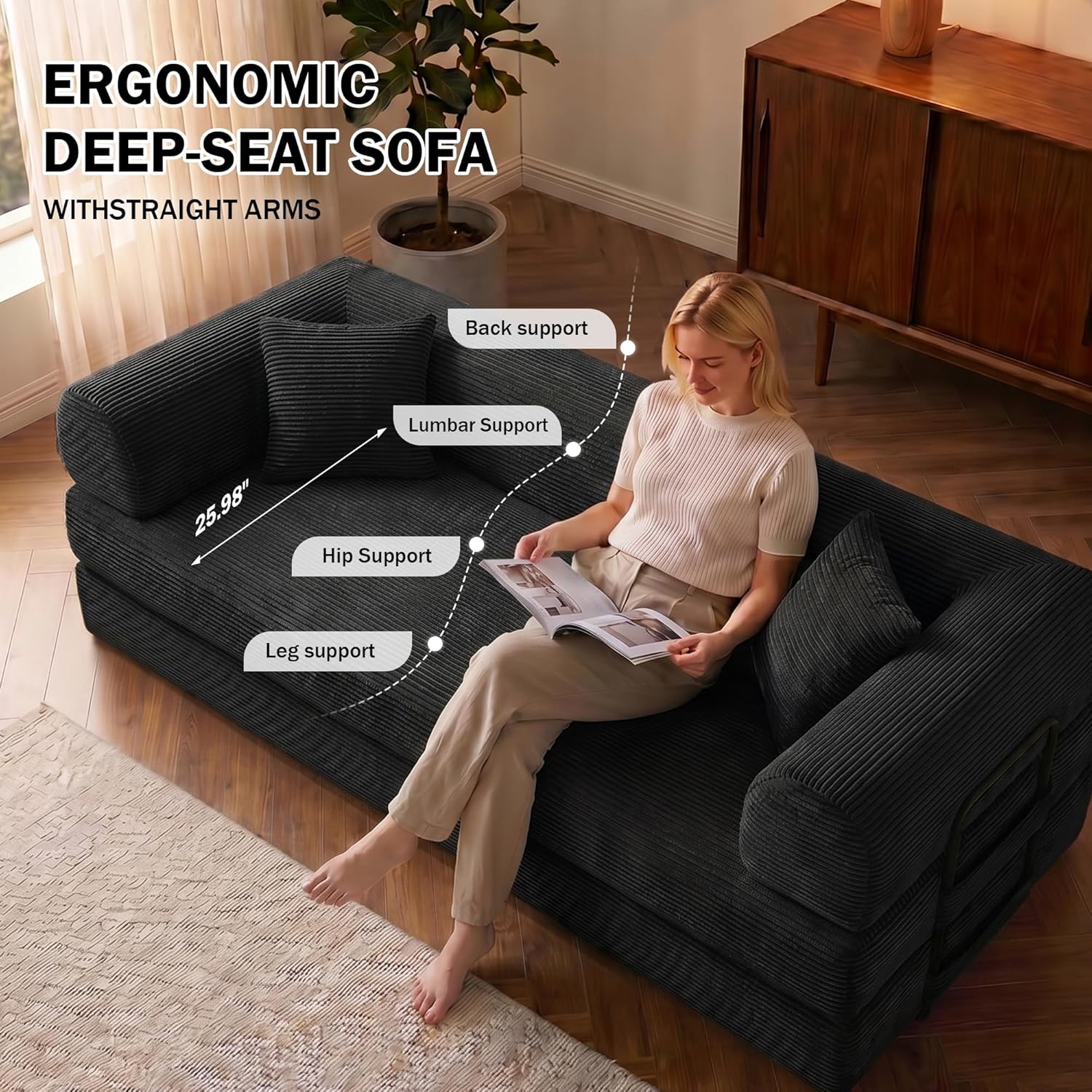 79" Convertible Sofa Bed, Futon Sleeper Sofa,Boneless Couch for Living Room | Corduroy Futon Sofa Bed, Modular Floor Couch with Pocket Springs and 2 Pillows, Couch Bed No Assembly | Black