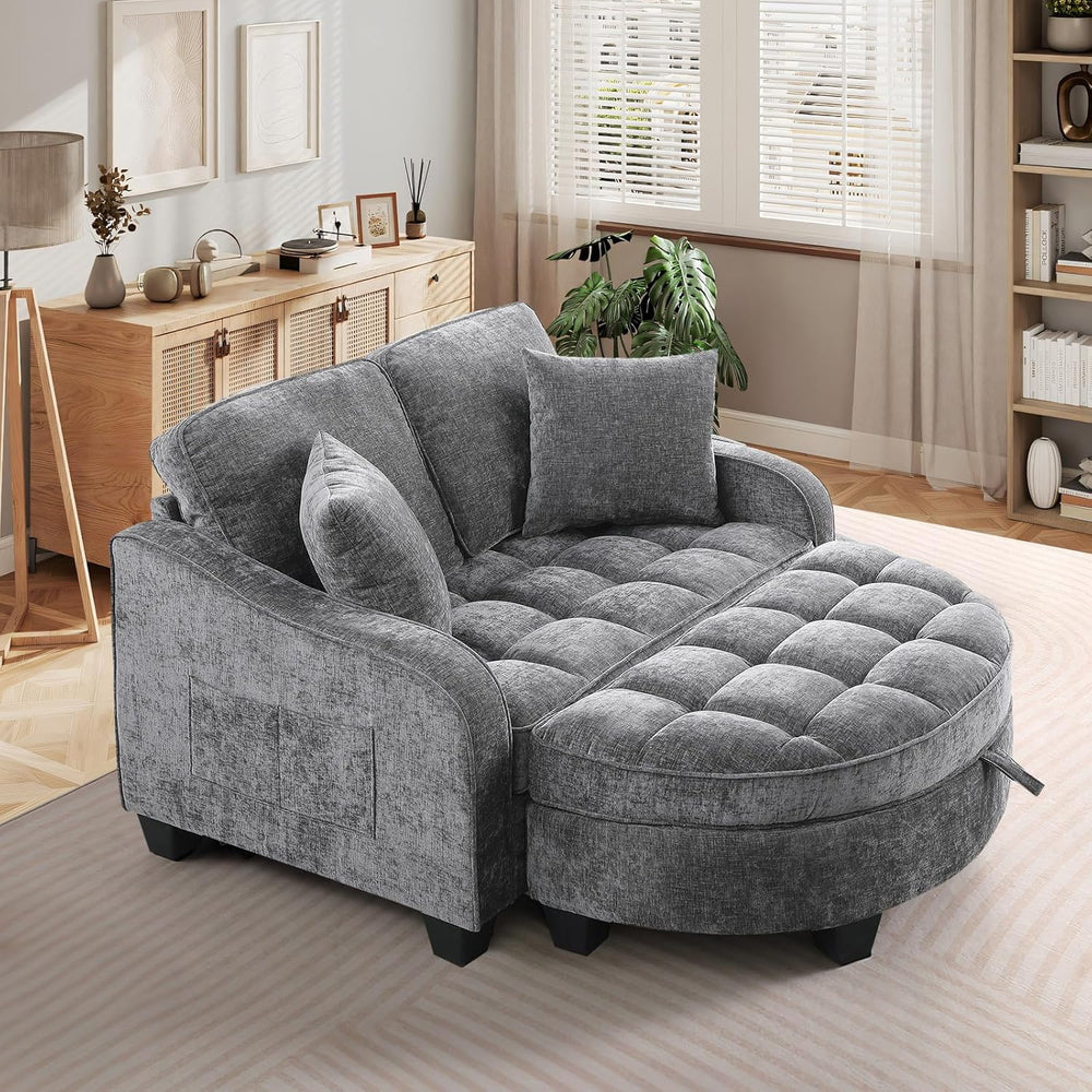 Oversized Chaise Lounge Chair Indoor with Ottoman, Chenille Tufted Comfy Love...