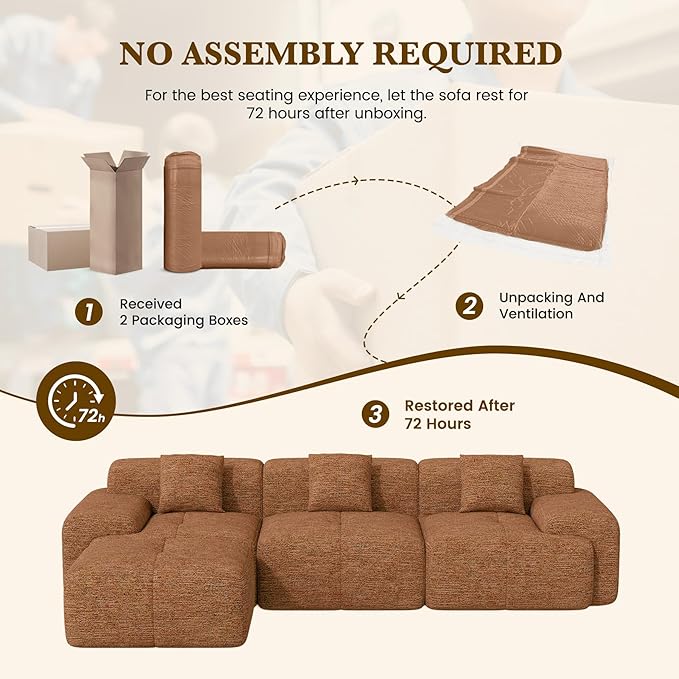122" L Shaped Convertible Modular Couch, Cloud Couch Sectional with Ottoman, 4-Seater Chenille Boneless Couches for Living Room, Apartment, No Assembly, Orange 1PCS