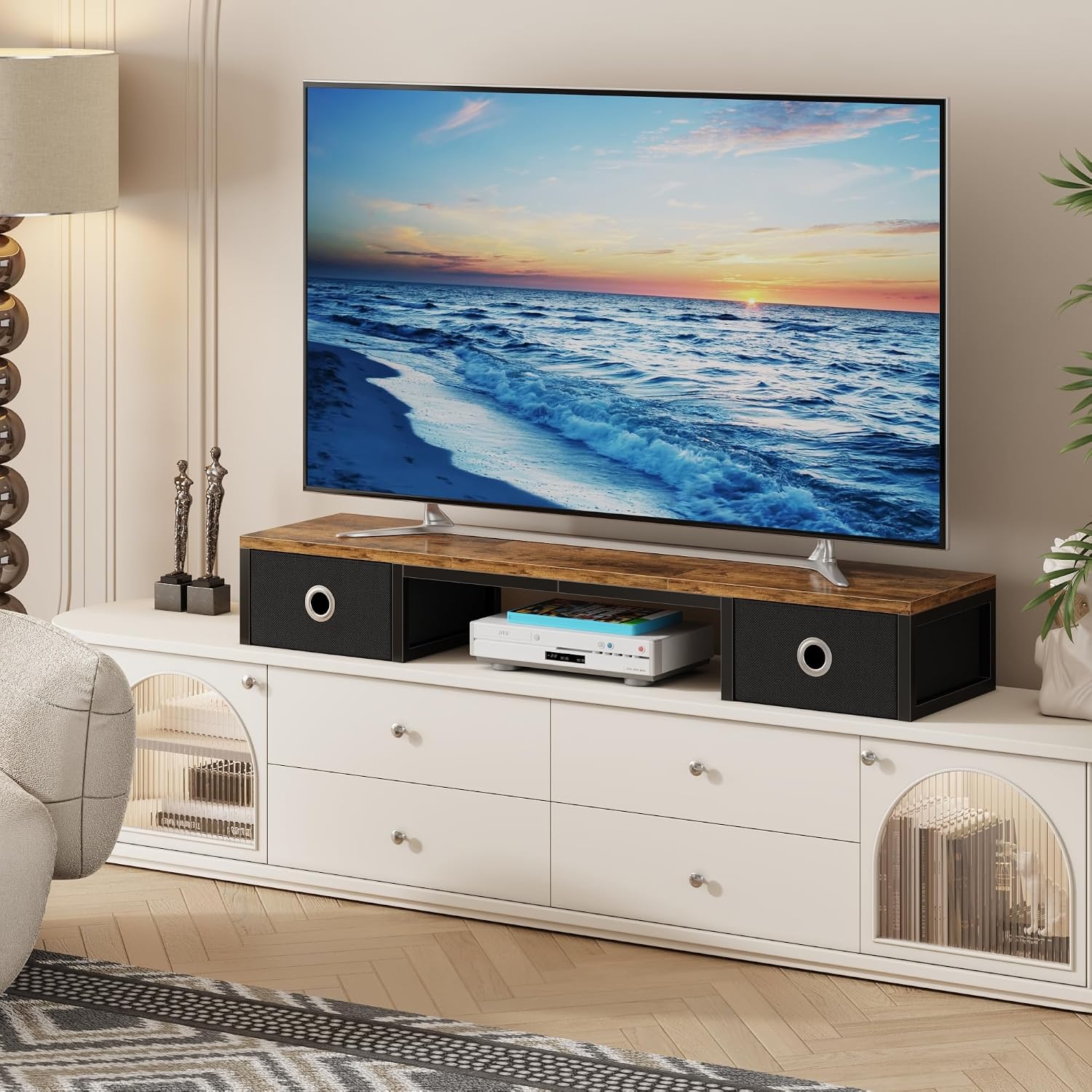 YAOHUOO 45" Large TV Riser with Fabric Drawers for 32-60 inch TV | TV Stand Riser with Steel Legs, Tabletop TV Riser Shelf, Monitor Stand Riser for Home Office,Rustic Brown