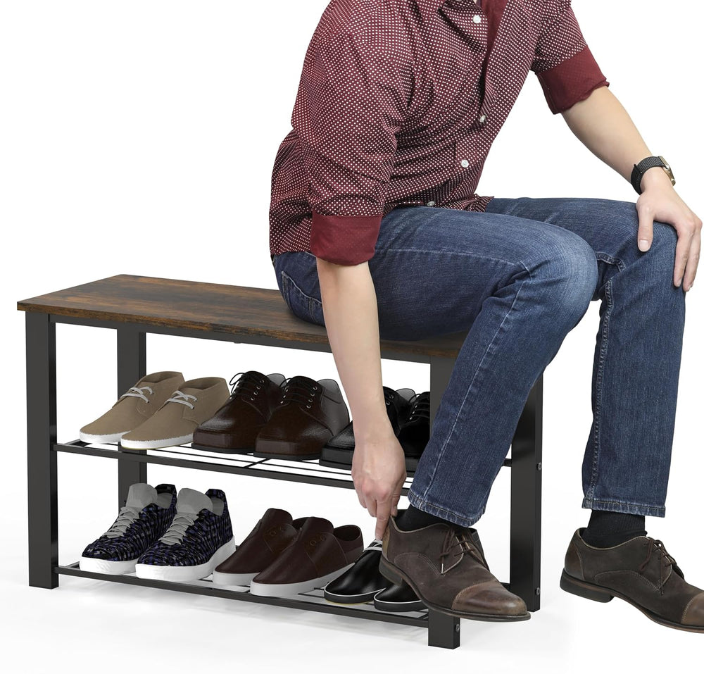 Simple Houseware Wood Top Shoe Storage Bench for Entryway, Rustic Brown