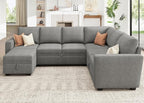 HONBAY Modular Sectional Sleeper Sofa with Pull Out Bed, Chenille Sectional Couch with Storage Seats Ottoman, U Shaped Couches for Living Room, Warm Grey