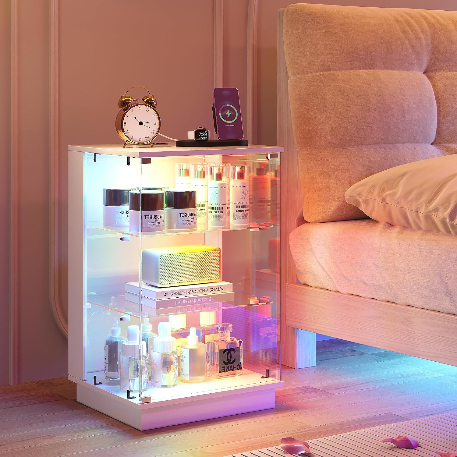 HNEBC LED Nightstand with USB-C Charging Station&Lights for Bedroom-White | Curio china Cabinet, Motion Sensor Smart Glass RGB Side Table with App Control, Charging Station Tempered Glass Collectiblem