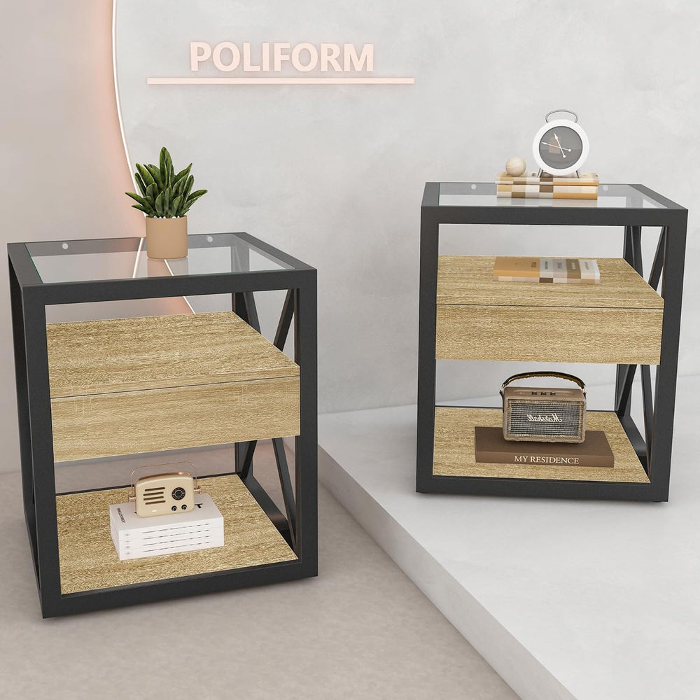 Set of 2 Modern Industrial End Tables with Drawer - Nightstands with Tempered...