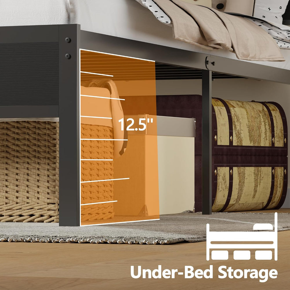 Furnulem Full Size Bed Frame, Storage Headboard, LED & Charger, Black Oak
