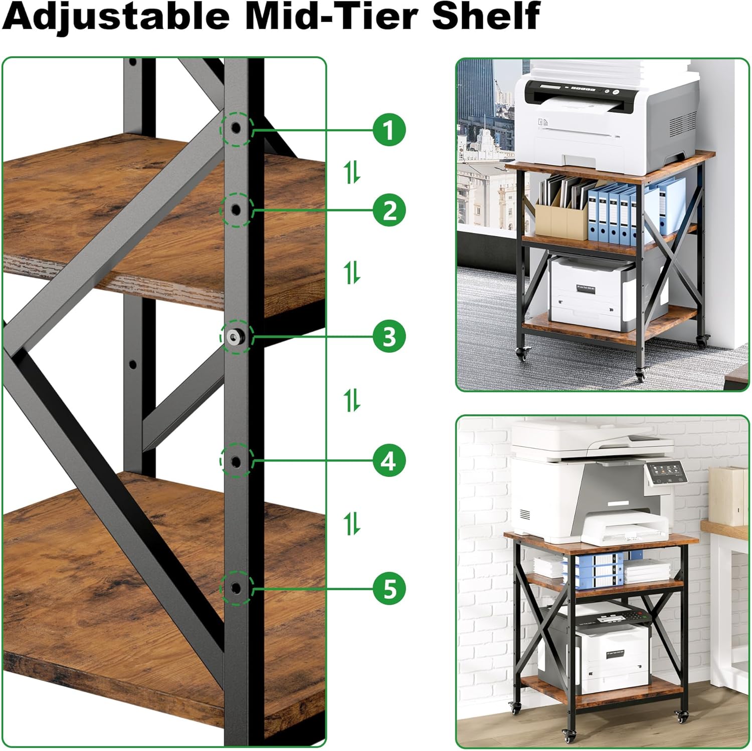 Ollieroo 3 Tier Printer Stand, Large Table with Wheels, Rolling Cart with Height Adjustable Middle Storage Shelf, 23.6 x 23.6 x 30.3 Inches Shelf for Home Office, Vintage Brown