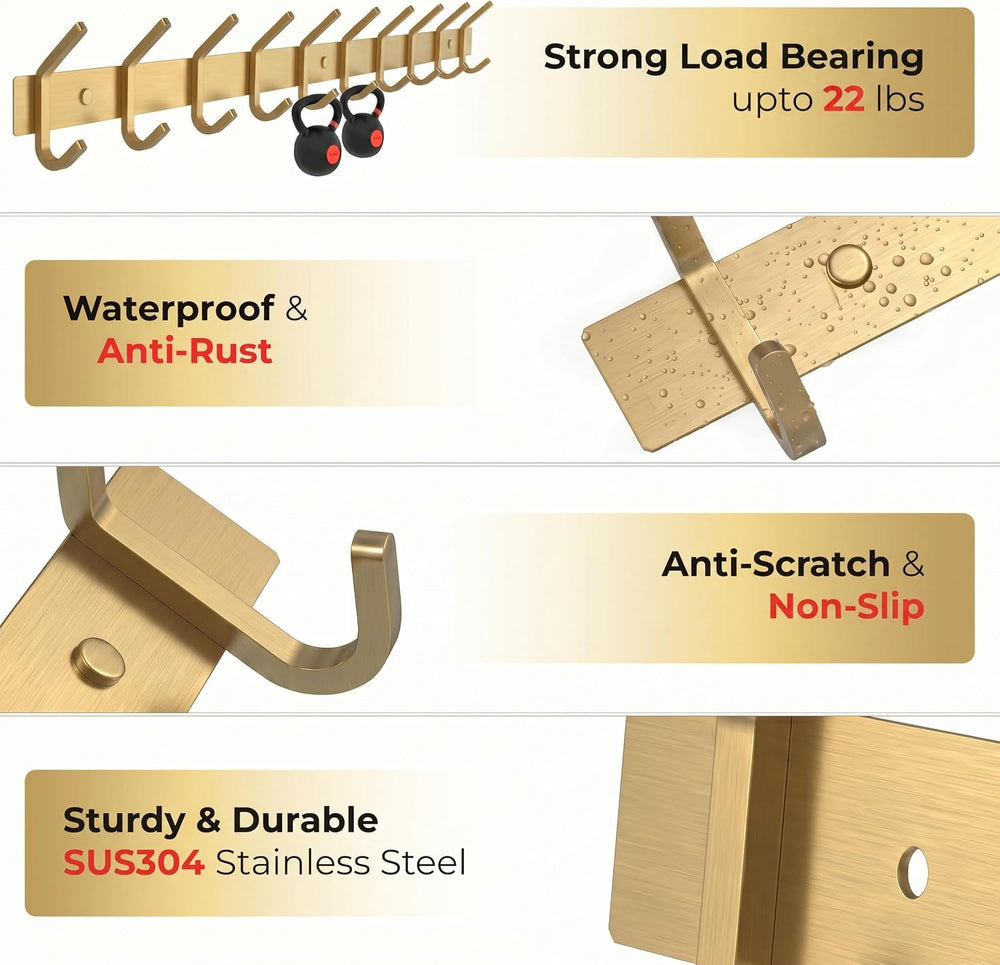 Brushed Gold Wall Mounted Coat Rack – 30 Inch Stainless Steel Rail with 10 Do...