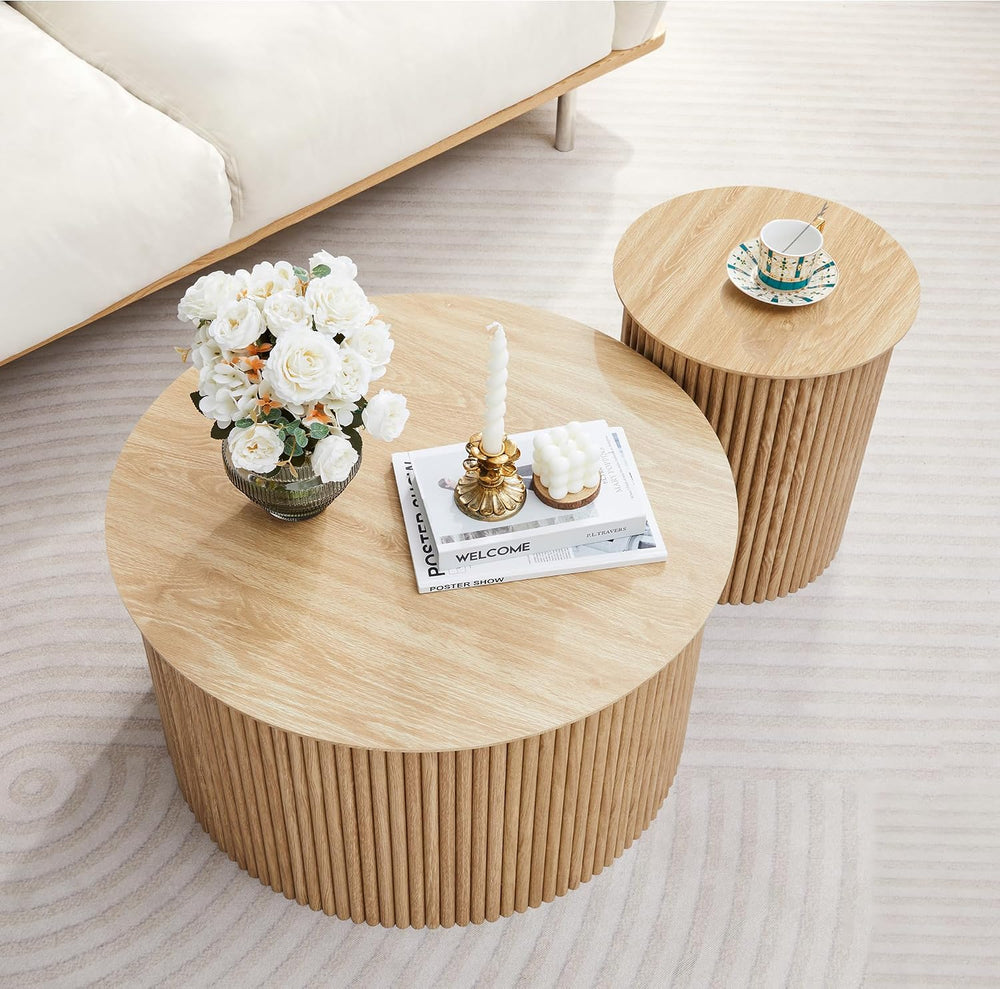 Fluted Round Nesting Coffee Table Set of 2 Circle Center Tables Living Room |...