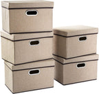 PRANDOM Collapsible Storage Containers with Lids [5-Pack] Jute Fabric Foldable Storage Bins Boxes Organizer Baskets Cube with Cover for Home Bedroom Closet Office Nursery (14.9x9.8x9.8)