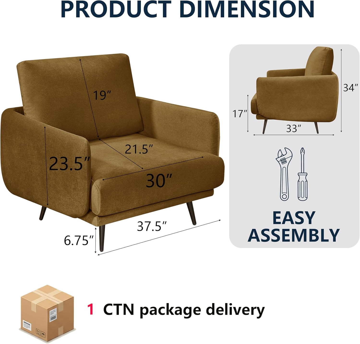 37.5” Oversized Accent Chair for Living Room, Chenille Armchair for Living Room
