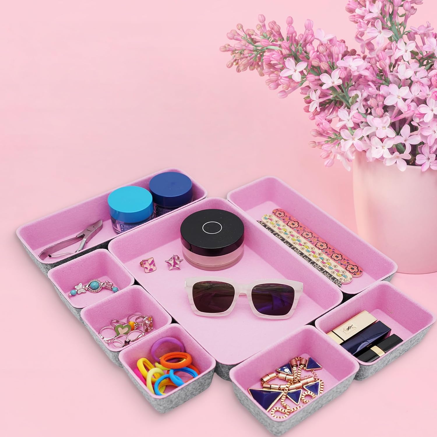 Welaxy desk drawer organizers tray felt storage bin caddy for home office suppliers makeup crafts pens decluttering 8-piece holiday gift solution (Light pink)