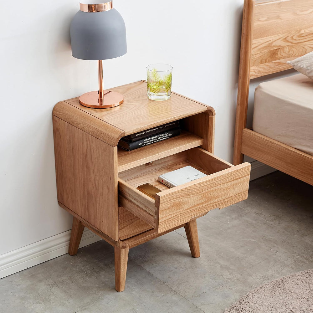 Nightstand, Solid Wood European Beech Bedside Cabinet with Open Shelf & C...