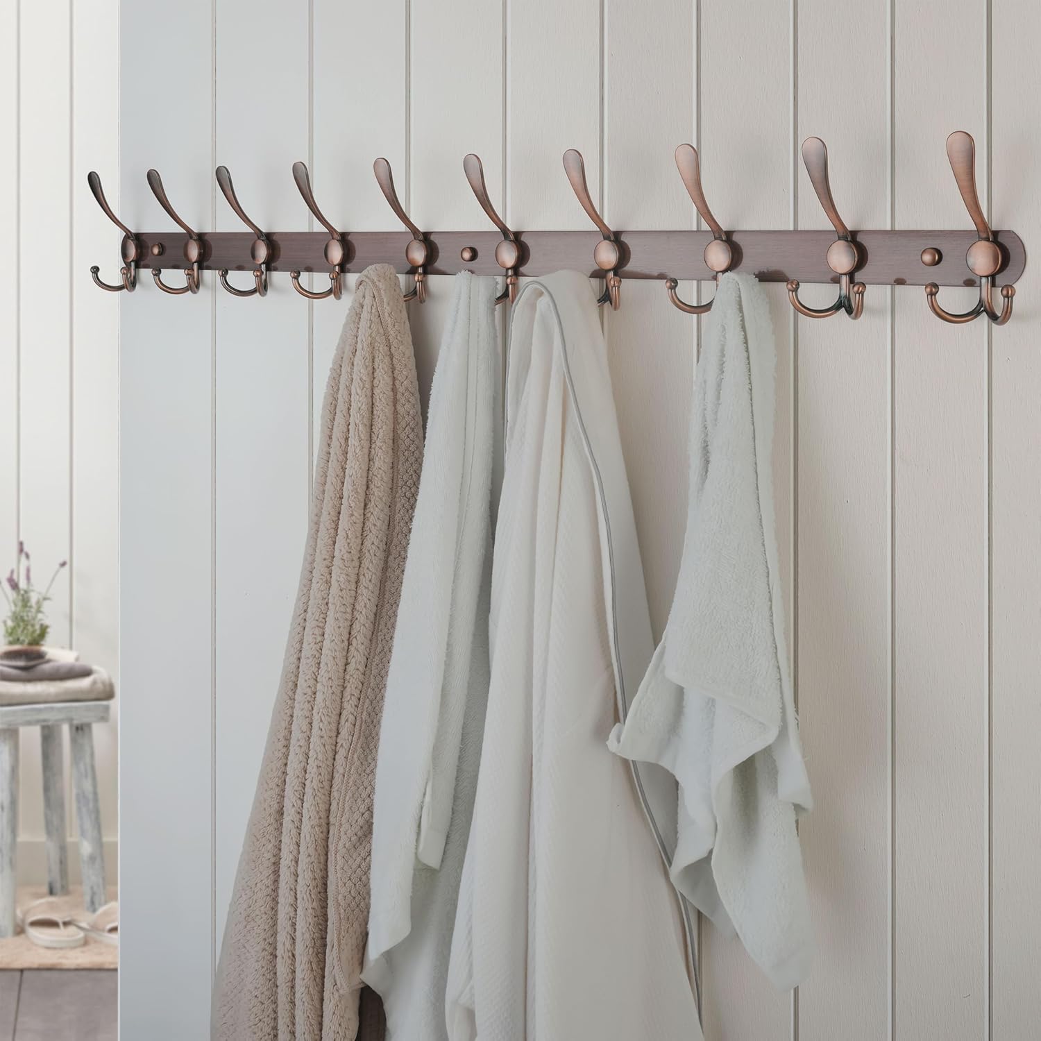 Dseap Coat Rack Wall Mount - 38” Long 10-Tri-Hooks Heavy Duty Coat Hanger Rail Wall Hooks for Hanging Coats Hats Clothing Clothes Purse Mudroom Entryway, Antique Copper