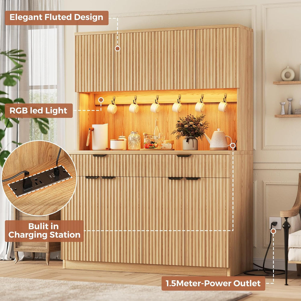 Jocoevol Fluted Kitchen Pantry Storage Cabinet with Charging Station/LED Ligh...
