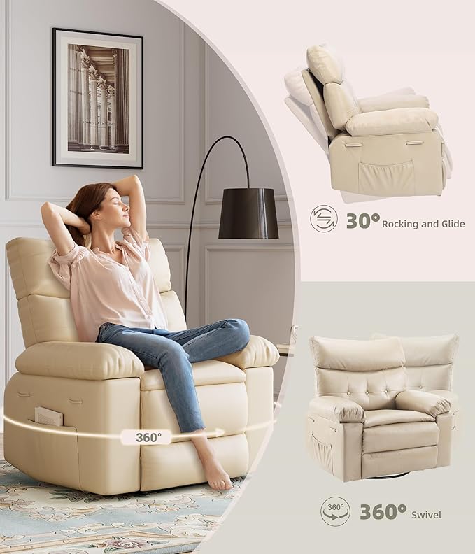 GarveeHome Oversized Rocker Swivel Recliner Chair - PU Leather Extra Wide Manual Recliner for Adults, Large Lazy Chair with 1.5X Sponge Comfort Arm and Back for Living Room, Bedroom