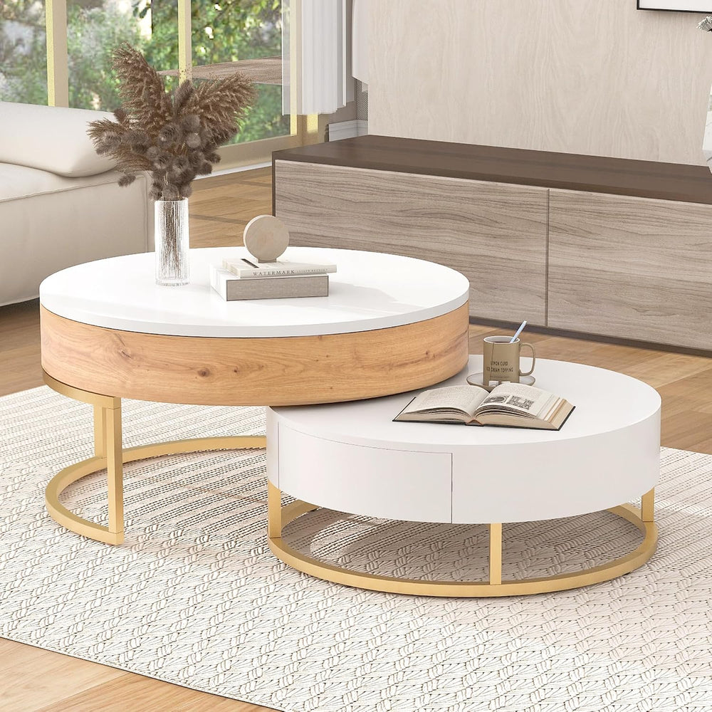 Modern Round Lift-top Nesting Coffee Tables with 2 Drawers Multiple End Table...