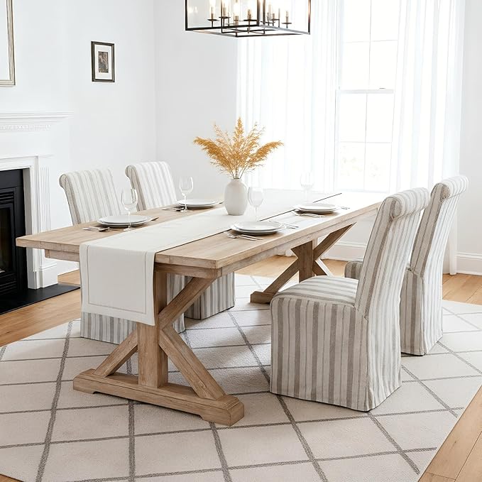 chairus Slipcovered Parsons Dining Chairs Set of 4, Upholstered Dining Room Chairs with Removable Linen Cover & High Back, Modern Farmhouse Wooden Side Kitchen Chairs, Khaki Stripe