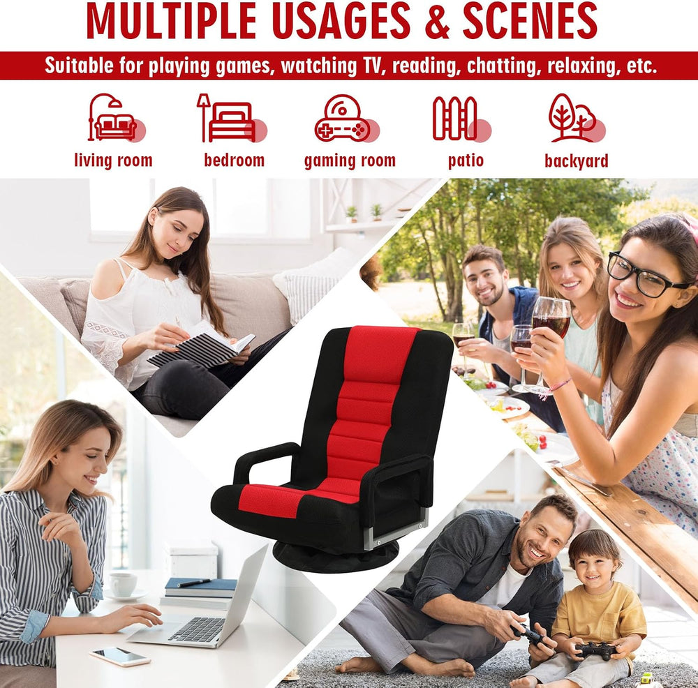 Swivel Floor Gaming Chair w/Armrests,Folding Video Reclining Sofa w/6 Adjusta...