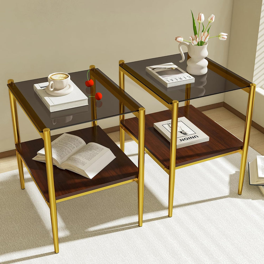 End Table Set of 2, Tempered Glass Side Tables Set with Wooden Storage Shelf,...