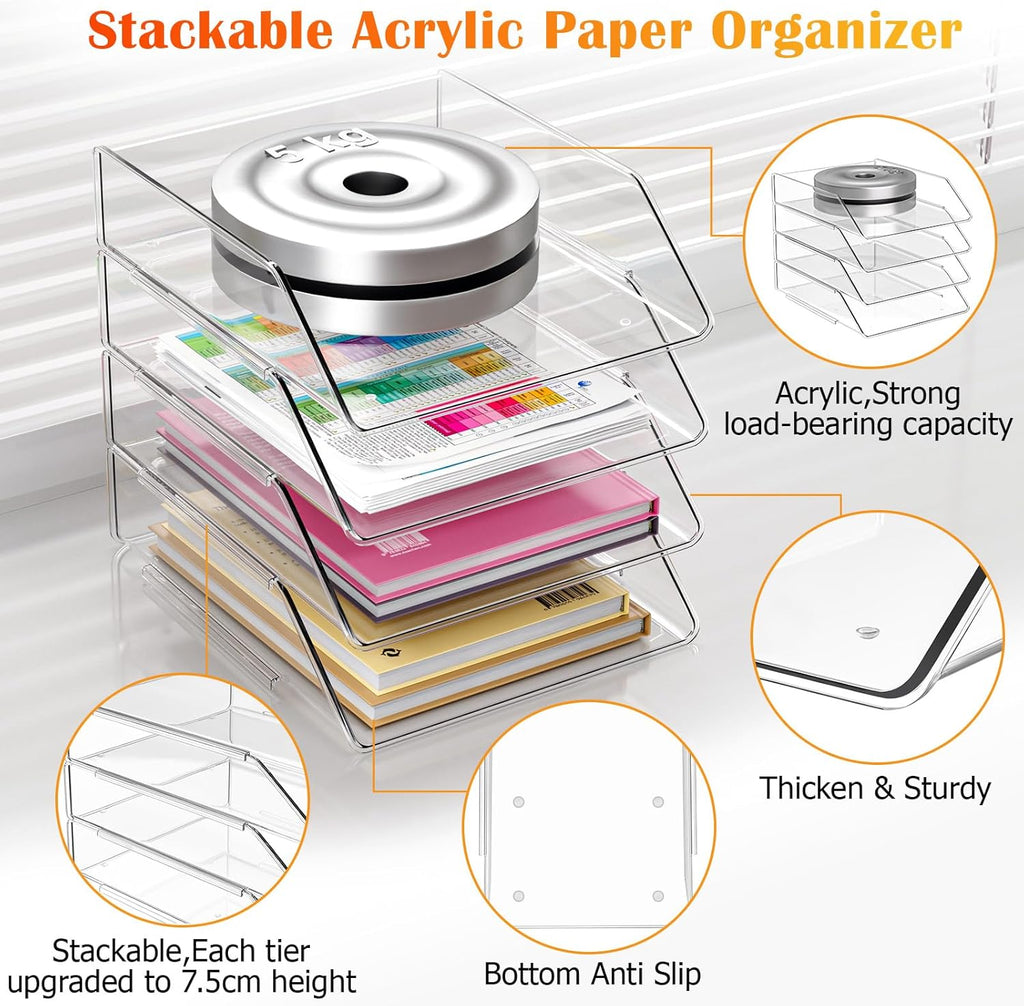 YKLSLH 4 Tier Paper Organizer Letter Tray - Acrylic Stackable Desk File Organizer, Clear Paper Sorter Office Organizer for Letter/A4, Office File Ipad Books Notes Etc