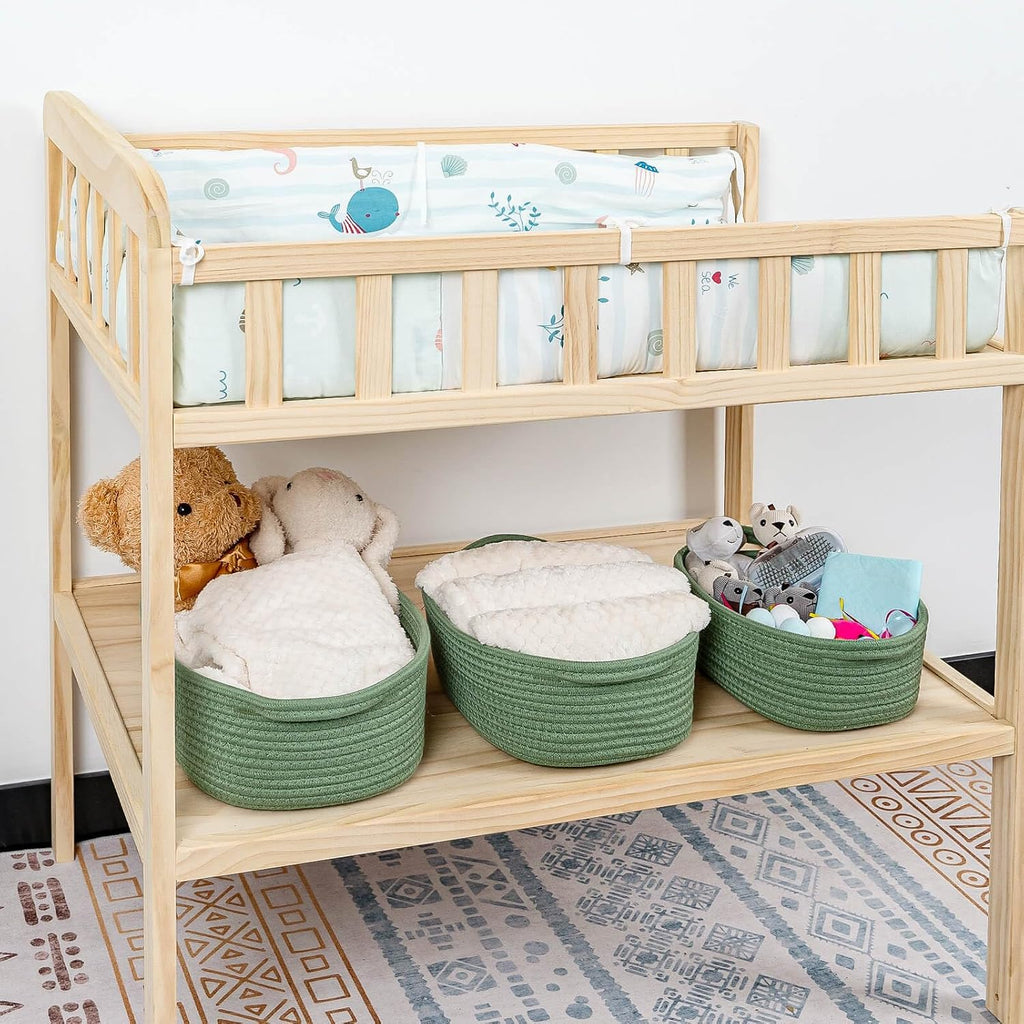 CubesLand Small Storage Basket Cotton Rope Organizer Baskets for Shelves | Set of 5 Decorative Closet Storage Bins with Handle for Countertop, Toilet Paper Basket for Toilet Tank Top, Green Basket