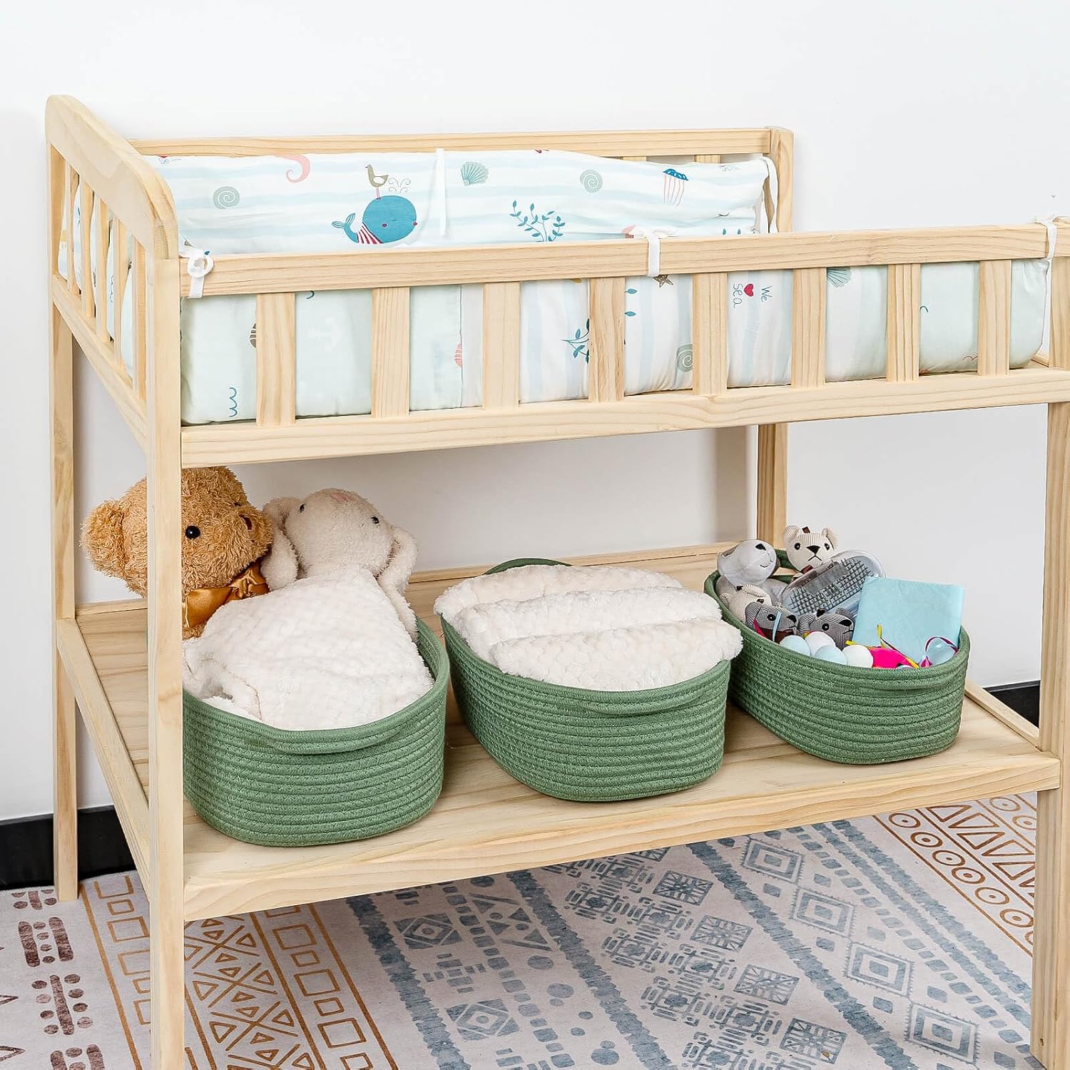 CubesLand Small Storage Basket Cotton Rope Organizer Baskets for Shelves | Set of 5 Decorative Closet Storage Bins with Handle for Countertop, Toilet Paper Basket for Toilet Tank Top, Green Basket