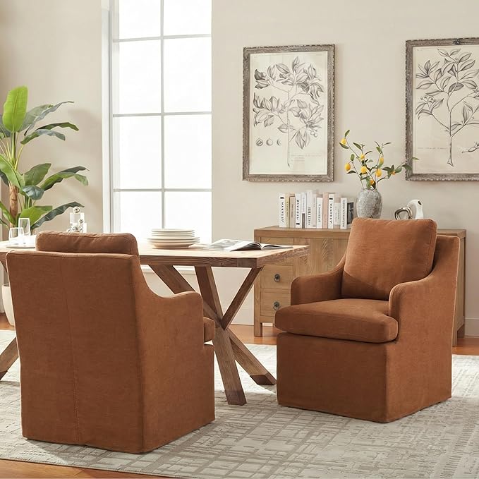 VKNOW Upholstered Dining Chairs Set of 2, Modern Kitchen Chairs Dinner Chairs with 4 Casters, Chenille Armchair for Bedroom Reading Room Living Room, Orange